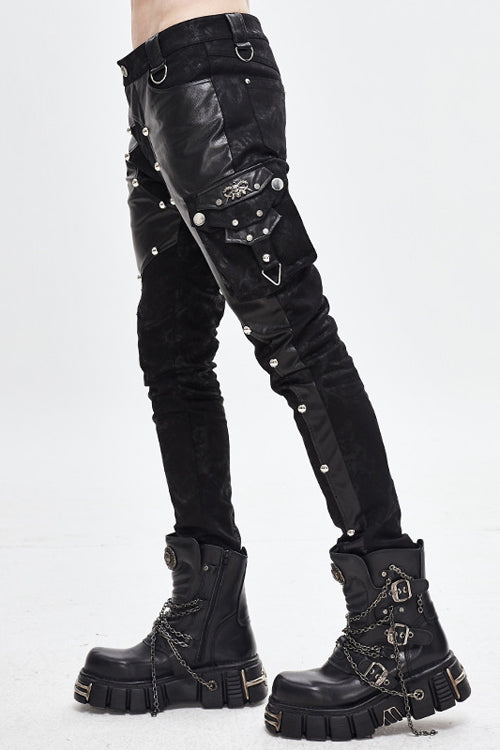 Black Patchwork Asymmetric Rivet Studded Punk Leather Mens Pants - Product - 3