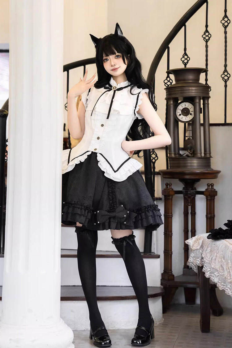 Black/White [Miss Black Cat] Sleeveless Printed Ruffled Sweet Princess Ballet Lolita Skirt Set - Product - 5