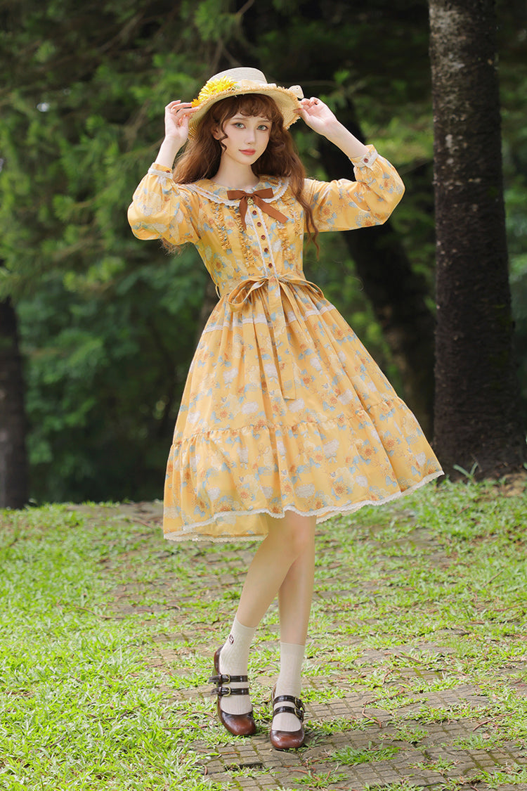 Yellow [Gardening Sunflower] Long Sleeves Print Ruffle Bowknot Sweet Elegant Lolita Dress - Yellow - 1