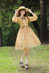 Yellow [Gardening Sunflower] Long Sleeves Print Ruffle Bowknot Sweet Elegant Lolita Dress - Yellow - 1