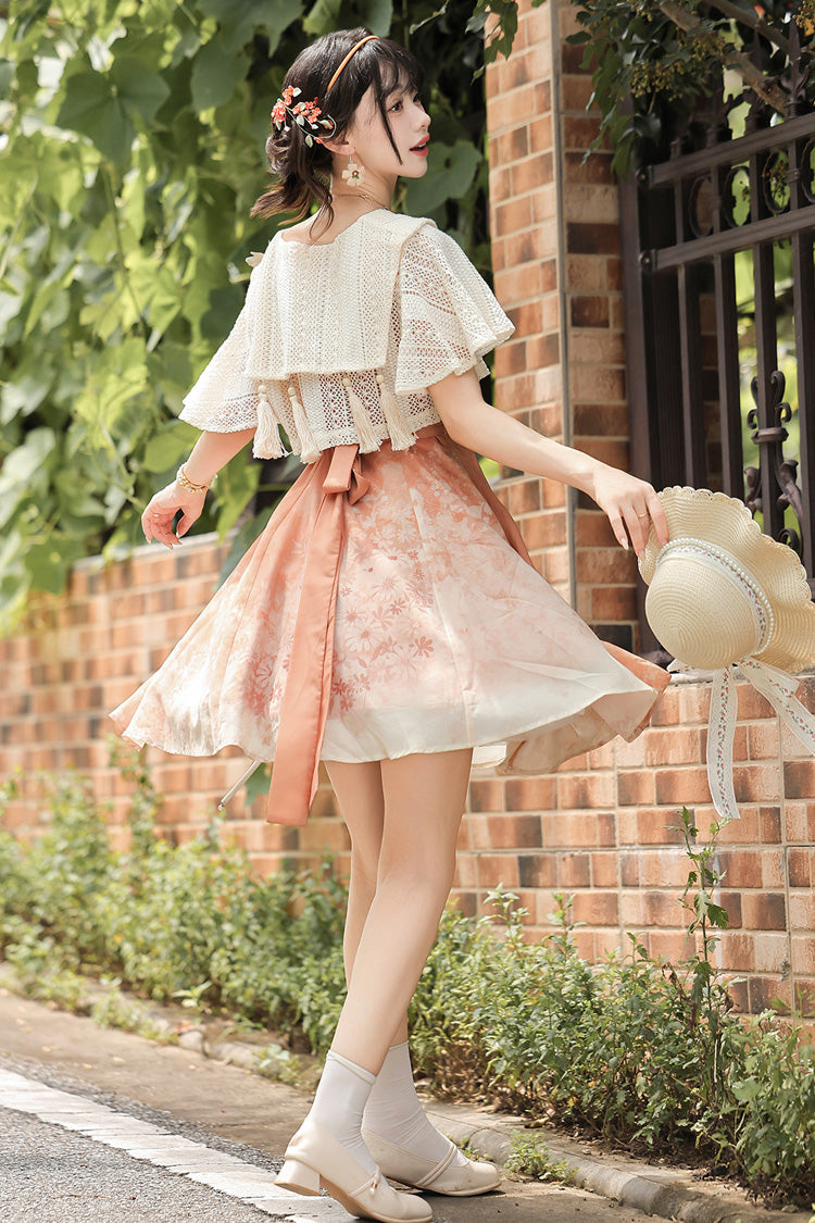 Orange Square Collar Sleeveless Chrysanthemum Printed Bow Lace-Up Asymmetric Sweet Chinese Inspired Lolita Jsk Dress Set - Product - 12