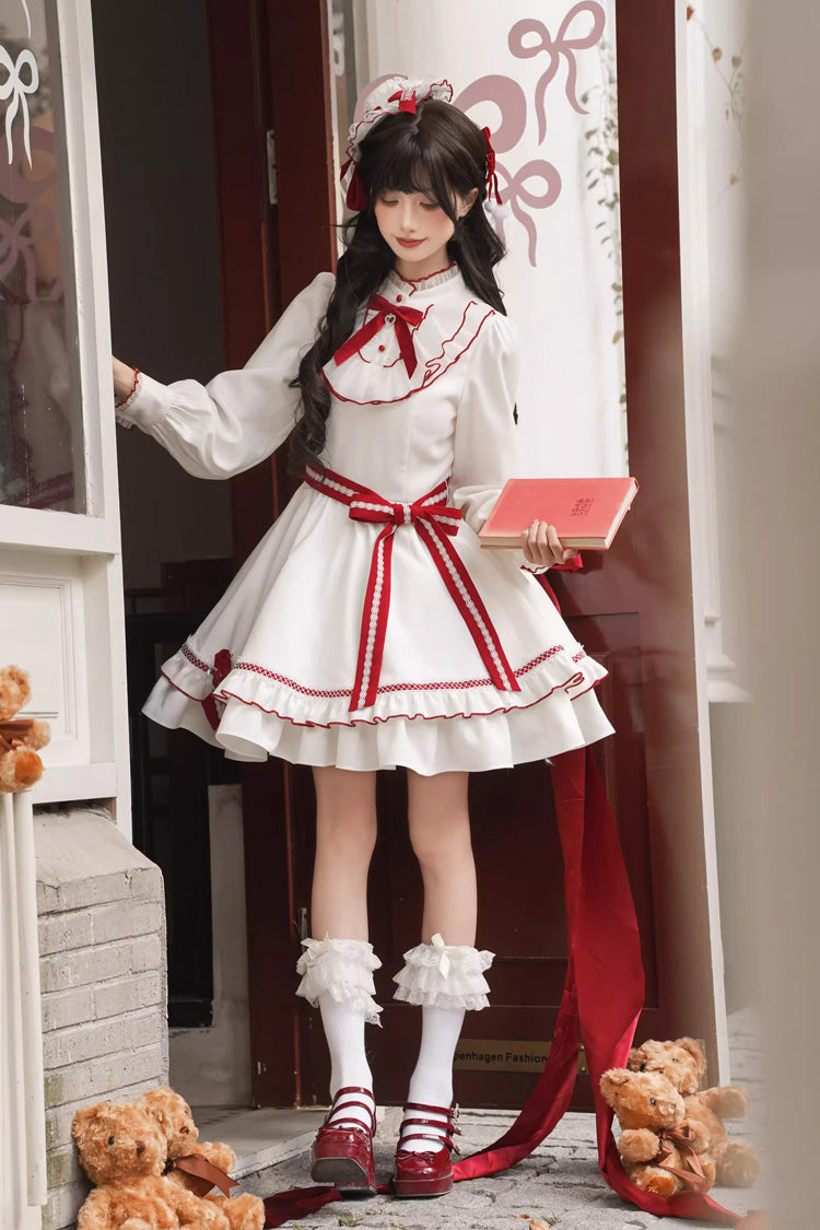Red/White [Red Vow] Stand Collar Long Sleeves Multi-Layered Ruffled Bow Sweet Lolita Dress - Product - 3
