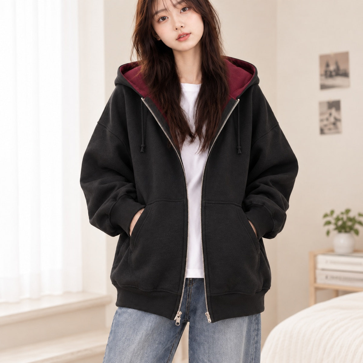 Black relaxed zip-up hoodie front view