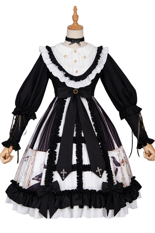 Black/White Dark Gold Hymn Bowknot Square Collar Long Sleeves Cardigan Ruffled Gothic Lolita OP Dress - Product - 5