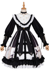Black/White Dark Gold Hymn Bowknot Square Collar Long Sleeves Cardigan Ruffled Gothic Lolita OP Dress - Product - 5