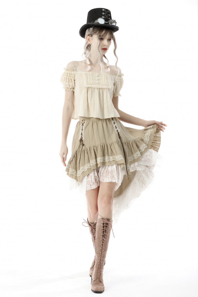 White/Yellow Women's Steampunk Victorian Lace Multi-Layered Dovetail Ruffled Skirt - Product - 5