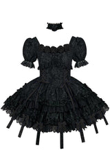 Pure Black Puff Short Sleeves Princess Gothic Lolita Tiered Dress - Product - 2