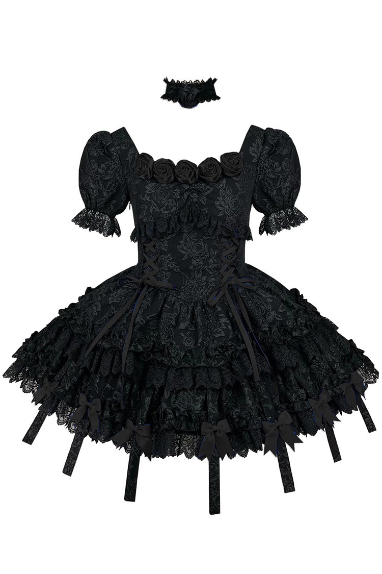 Pure Black Puff Short Sleeves Princess Gothic Lolita Tiered Dress - Product - 2