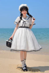 White [Seaside Sweetheart] Chiffon Navy Collar Short Sleeves Ruffled Lace-Up Slim Sailor Sweet Lolita Dress - Product - 9