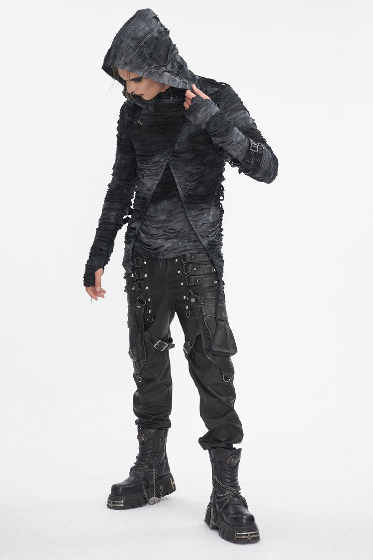 Black High Collar Long Sleeves Print Ripped Men's Punk Hoodies T-Shirt - Product - 4