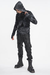 Black High Collar Long Sleeves Print Ripped Men's Punk Hoodies T-Shirt - Product - 4