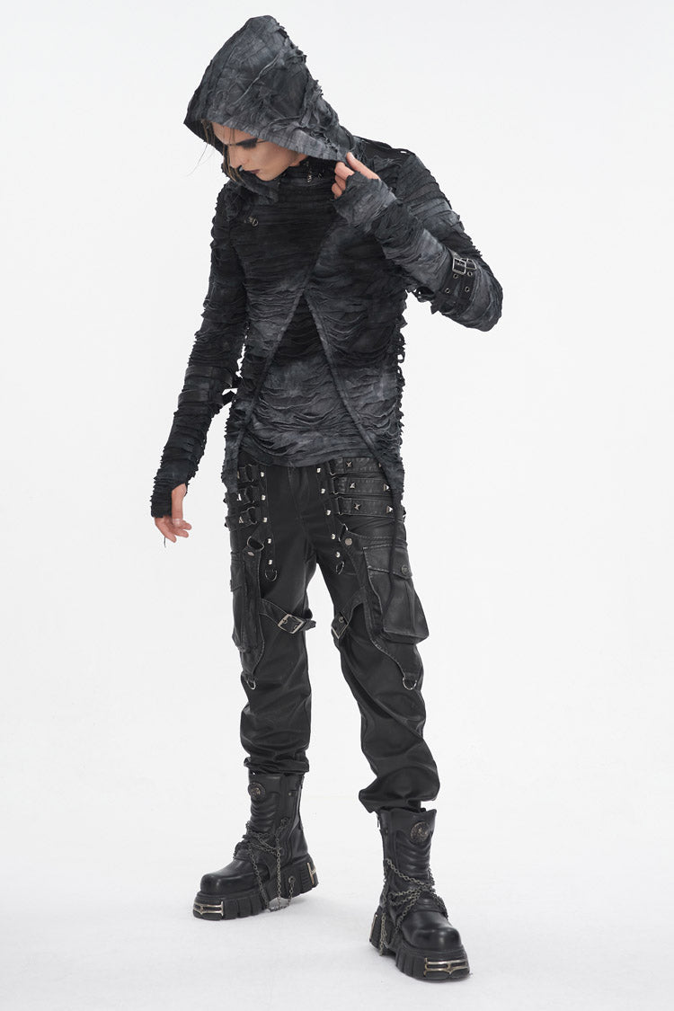 Black High Collar Long Sleeves Print Ripped Men's Punk Hoodies T-Shirt - Product - 4
