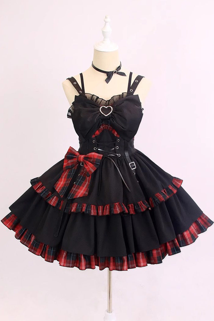 Black/Red Plaid Print Color Contrast Leather Buckle Bowknot Ruffle Gothic Lolita JSK Dress - Product - 3