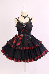 Black/Red Plaid Print Color Contrast Leather Buckle Bowknot Ruffle Gothic Lolita JSK Dress - Product - 3