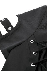 Black Turn-down Collar Short Sleeves Lace-Up Eyelets Women's Punk Blouse - Product - 18