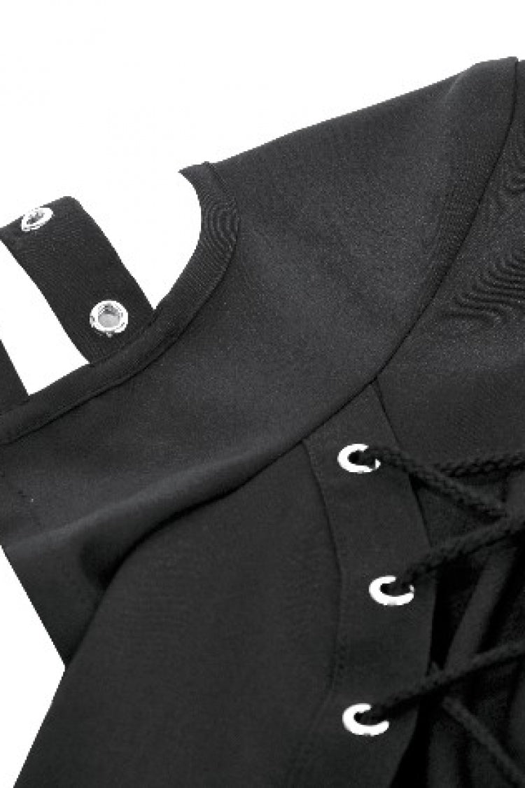 Black Turn-down Collar Short Sleeves Lace-Up Eyelets Women's Punk Blouse - Product - 18