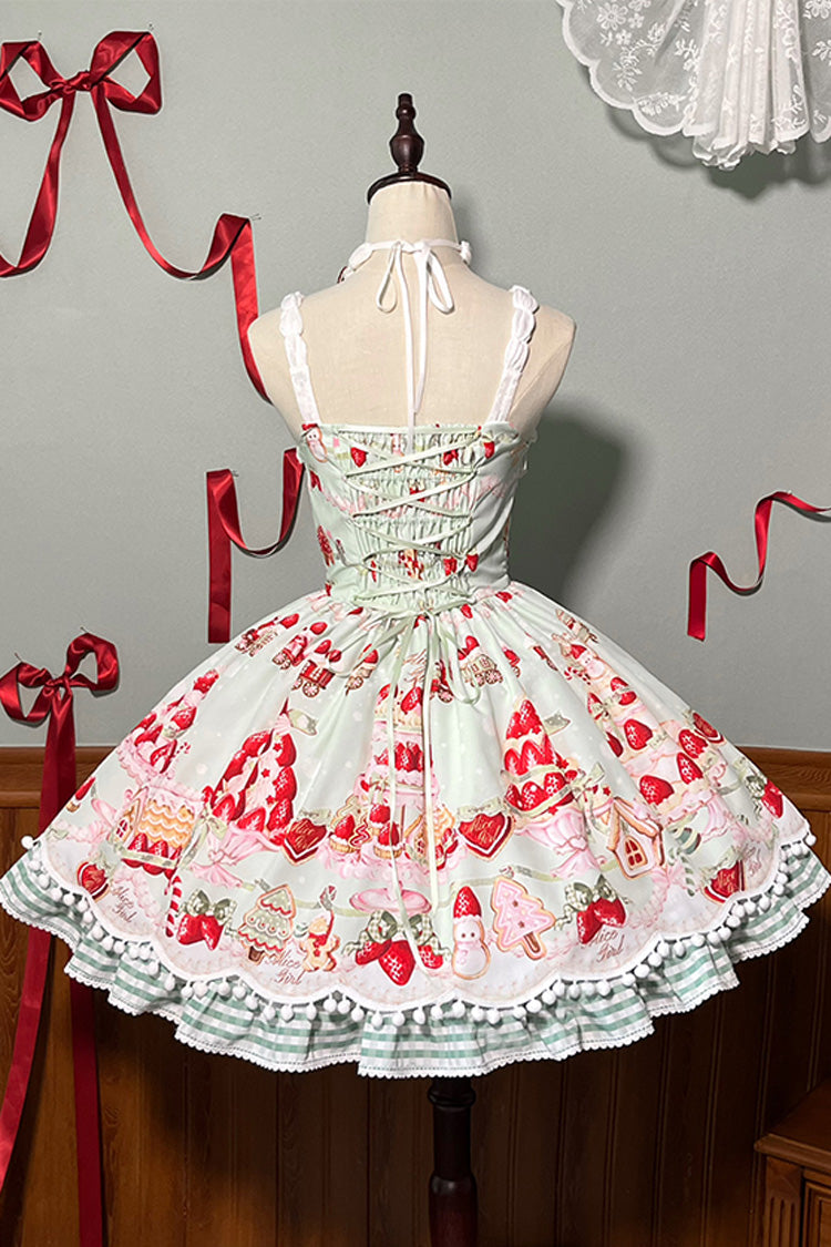 Mint Strawberry Dessert Print Natural Waisted Ruffle Bowknot Sweet Lolita JSK Dress 4 Colors - Product - 27