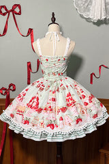Mint Strawberry Dessert Print Natural Waisted Ruffle Bowknot Sweet Lolita JSK Dress 4 Colors - Product - 27