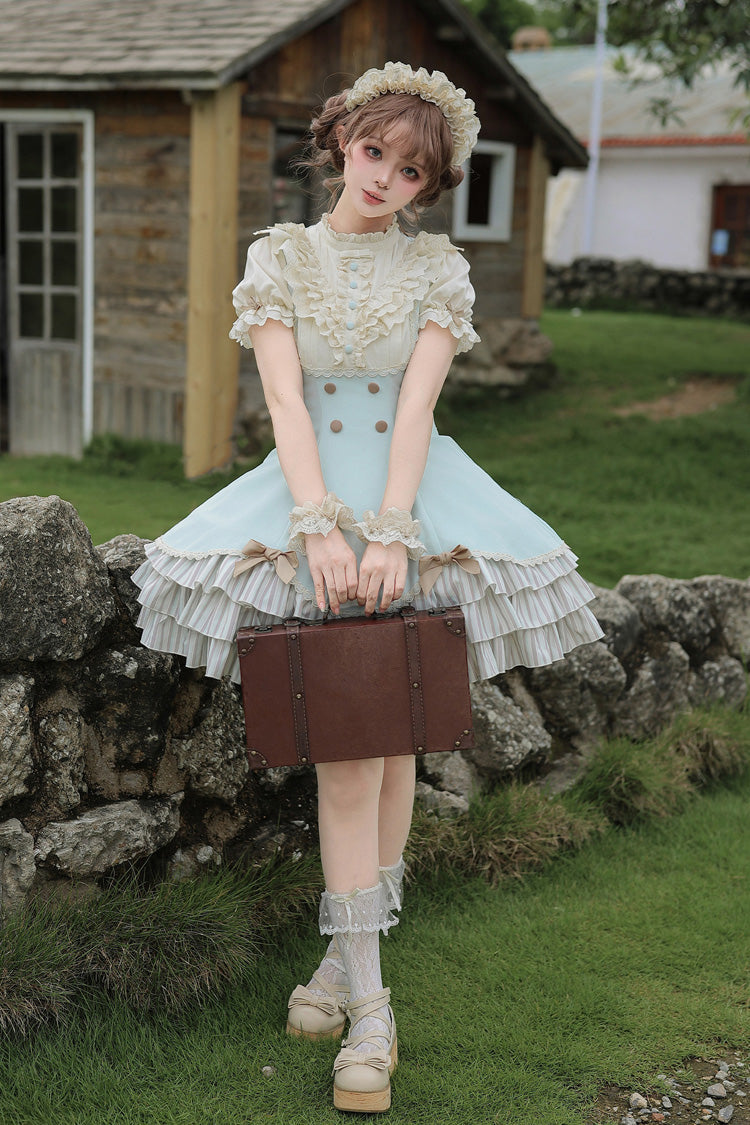 Blue [Sea Salt Snow Cap] Stand Collar Short Sleeves Petal Hem Ruffled Bow Sweet Lolita Dress Set 2 Versions - Product - 8