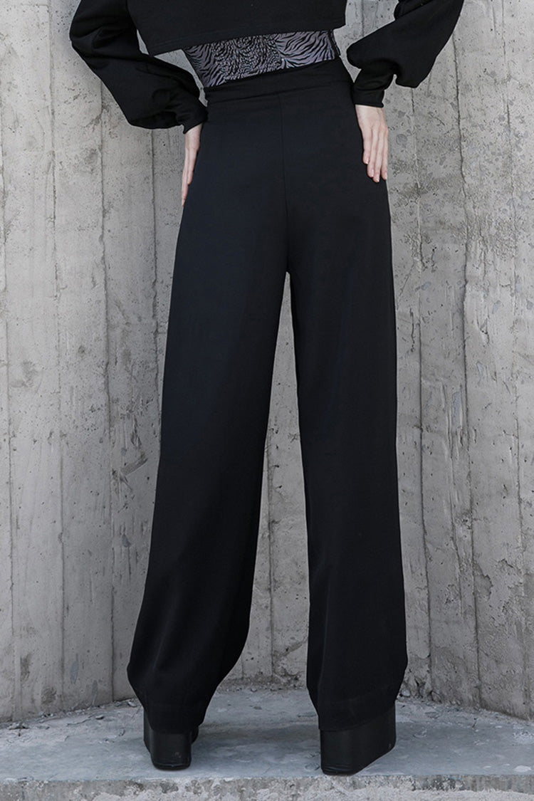 Black High Waist Wide Legged Stitching Women's Steam Punk Strap Pants - Product - 3