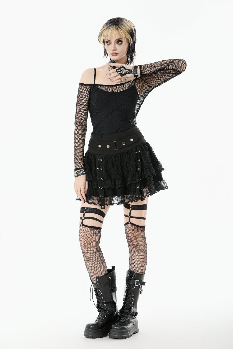 Black Off Shoulder Long Sleeves Mesh Women's Gothic Versatile Top - Product - 9