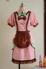 Pink [Sweet Soda] Short Sleeves Print Ruffle Bowknot Apron Sweet Vintage Lolita Skirt Set - Pink - 1