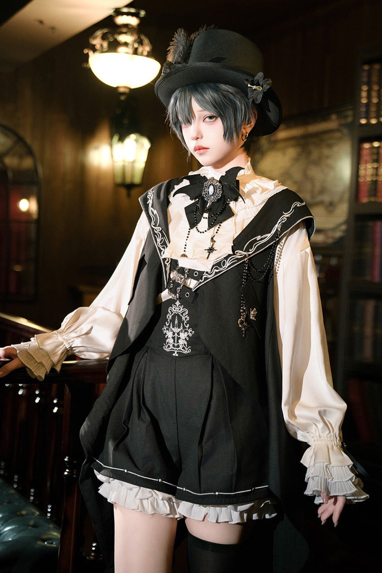 Black [Bunny-Eared Meteorite] Long Sleeves Embroidered Gothic Prince Ouji Lolita Shorts Vest Set - Product - 6
