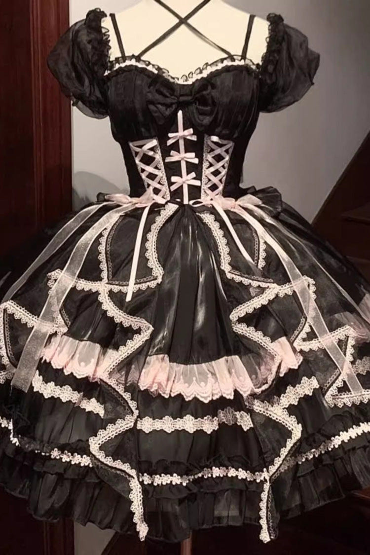 Glaze Fantasy Short Sleeves Ruffle Embroidery Bowknot Sweet Lolita Op Dress 6 Colors - Black