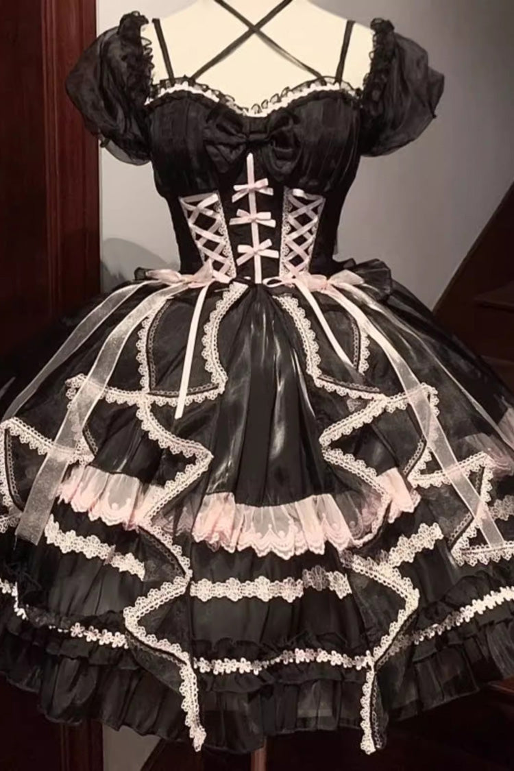 Glaze Fantasy Short Sleeves Ruffle Embroidery Bowknot Sweet Lolita Op Dress 6 Colors - Black