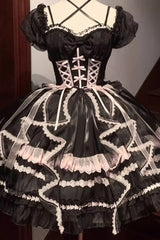 Glaze Fantasy Short Sleeves Ruffle Embroidery Bowknot Sweet Lolita Op Dress 6 Colors - Black