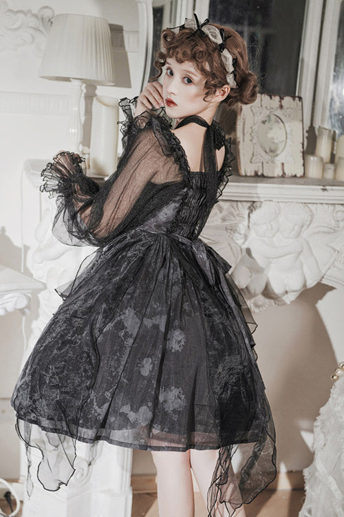 Black Ruffled Strap Mesh Lantern Sleeves High Waisted Irregular Hem Gothic Lolita OP Dress - Product - 7