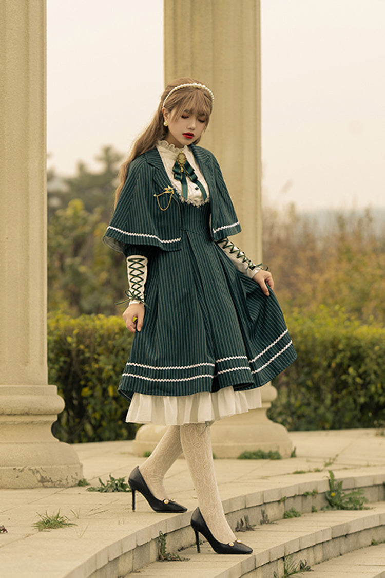 British Girl Long Sleeves Striped Print Ruffle Sweet Elegant Lolita Dress 2 Colors - Product - 2