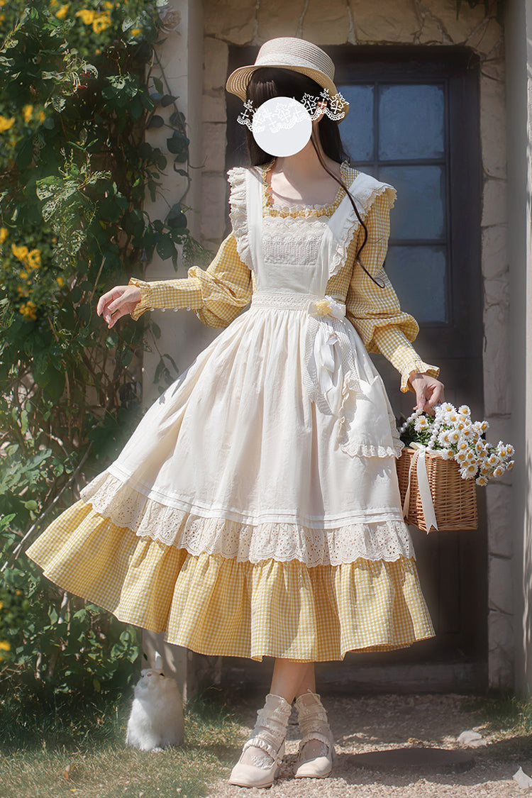 Yellow Long Sleeves Print Ruffle Lace-Up Sweet Elegant Lolita Dress - Product - 6