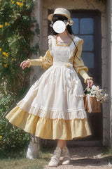 Yellow Long Sleeves Print Ruffle Lace-Up Sweet Elegant Lolita Dress - Product - 6