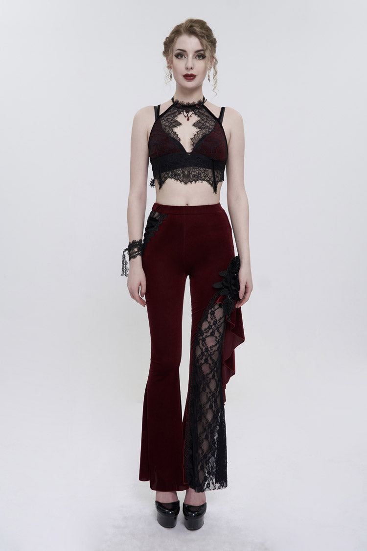 Red Velvet Single Side Stitching Rose Net Side Rope Decoration Asymmetric Pattern Flare Women's Gothic Pants - Product - 5