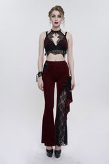 Red Velvet Single Side Stitching Rose Net Side Rope Decoration Asymmetric Pattern Flare Women's Gothic Pants - Product - 5
