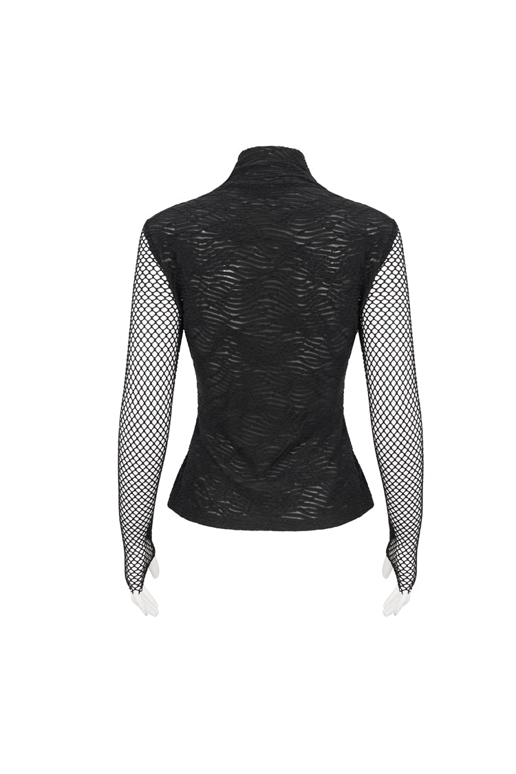 Black Turtleneck Adjustable Faux Suspenders Textured Knit Mesh Women's Punk T-Shirt - Product - 8
