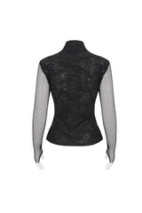 Black Turtleneck Adjustable Faux Suspenders Textured Knit Mesh Women's Punk T-Shirt - Product - 8