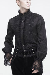 Black Stand Collar Puff Sleeved Lace Splice Men's Gothic Shirt - Black - 1