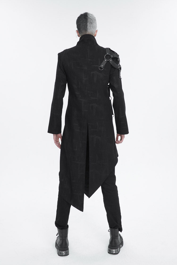 Black Stand Collar Asymmetric Hem Matching Shoulder Strap Long Men's Gothic Coat - Product - 5