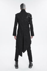 Black Stand Collar Asymmetric Hem Matching Shoulder Strap Long Men's Gothic Coat - Product - 5