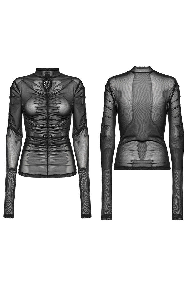 Black Long Sleeves Floral Embroidery Mesh Women's Gothic Blouse - Product - 5