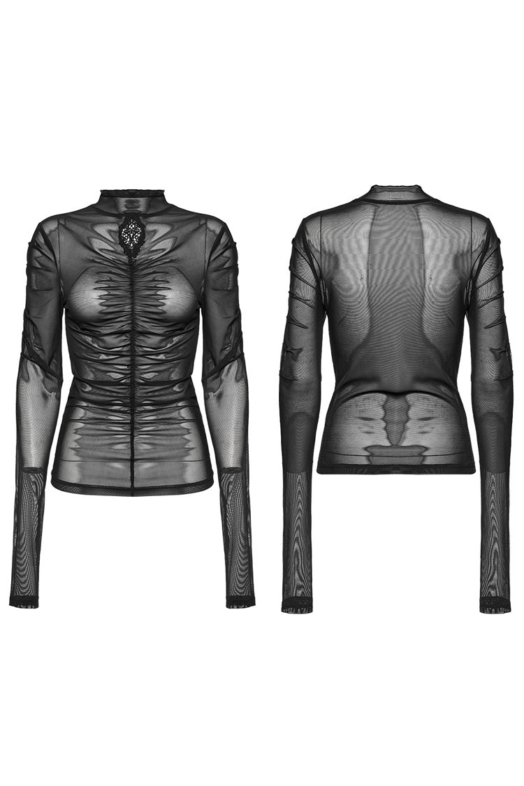 Black Long Sleeves Floral Embroidery Mesh Women's Gothic Blouse - Product - 5