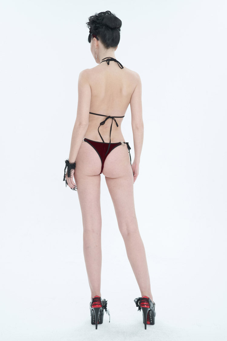 Red Velvet Stretch Sexy Cutout Pentagram Women's Gothic Swimsuit Set - Product - 6