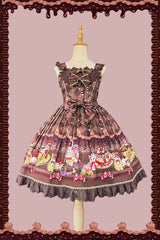 [Cream Meow] Sleeveless Print Bowknot Lace Sweet Lolita Jsk Dress 3 Colors - Brown - 5