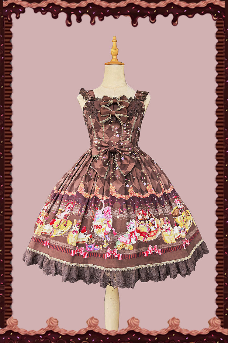 [Cream Meow] Sleeveless Print Bowknot Lace Sweet Lolita Jsk Dress 3 Colors - Brown - 5