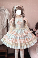 Blue/Pink Candy Sleeveless Multi-Layered Ruffle Bowknot Lace-Up Sweet Lolita Tiered Dress - Blue/Pink - 1