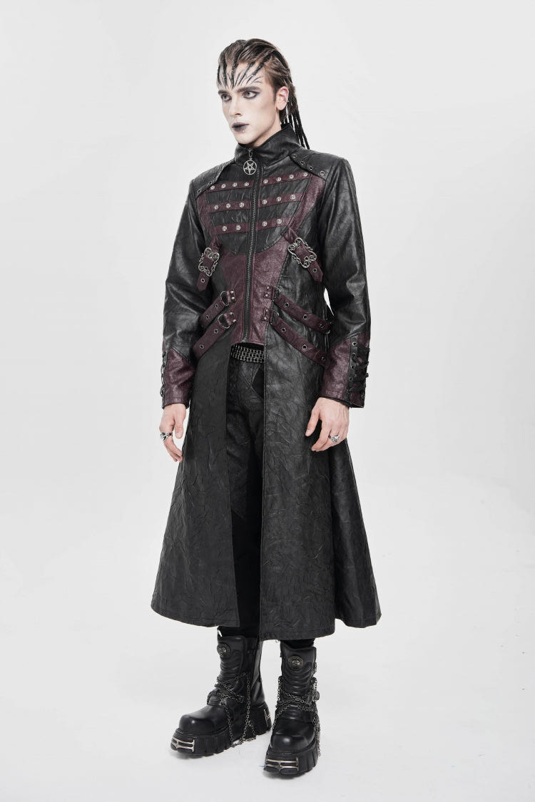 Black/Red Stand Collar Zipper Straps Eyelet Men's Punk Coat - Product - 2