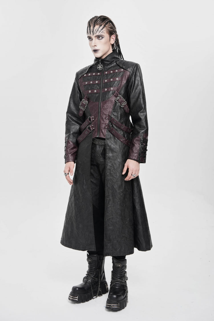 Black/Red Stand Collar Zipper Straps Eyelet Men's Punk Coat - Product - 2