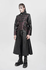 Black/Red Stand Collar Zipper Straps Eyelet Men's Punk Coat - Product - 2